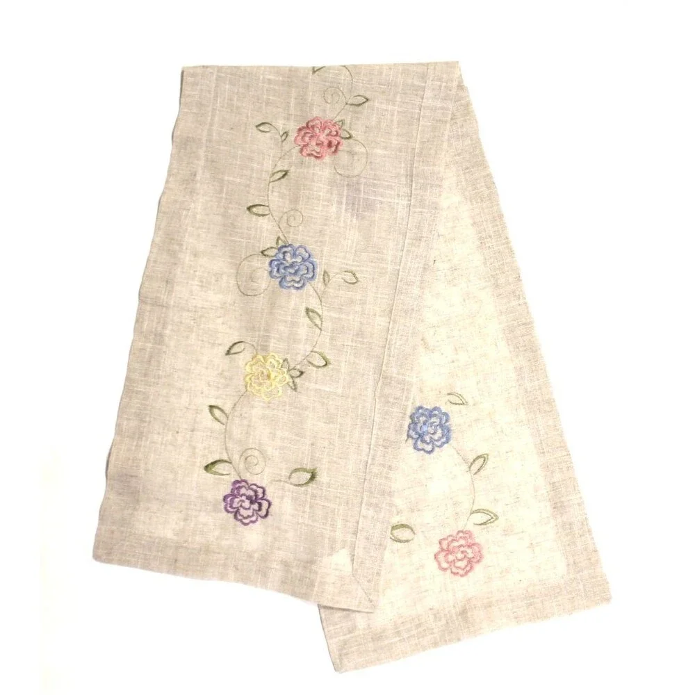 Natural Linen Taupe Embroidered Cutwork Floral Table Runner 13